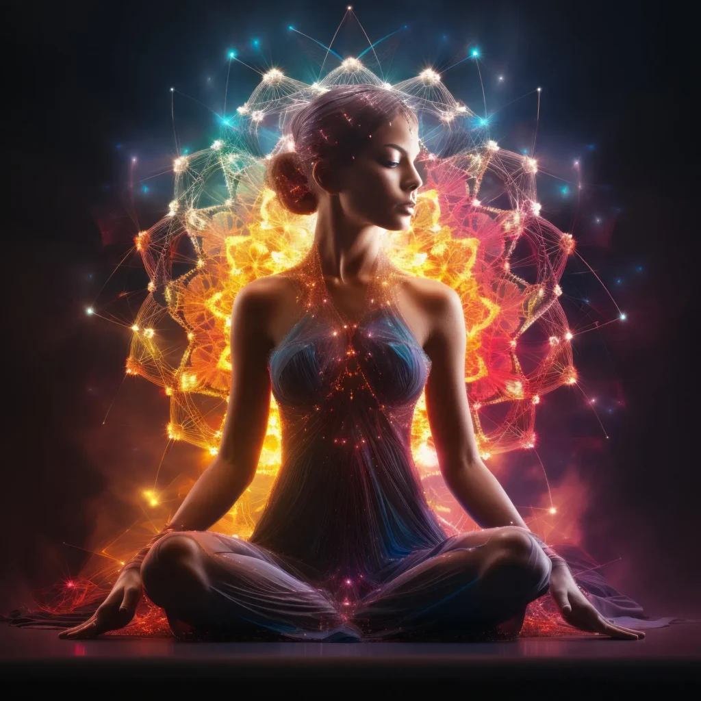 Lady meditating with Aura of chakras